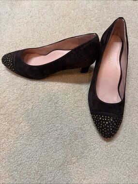 Brown Suede Studded Kitten Heel Pumps